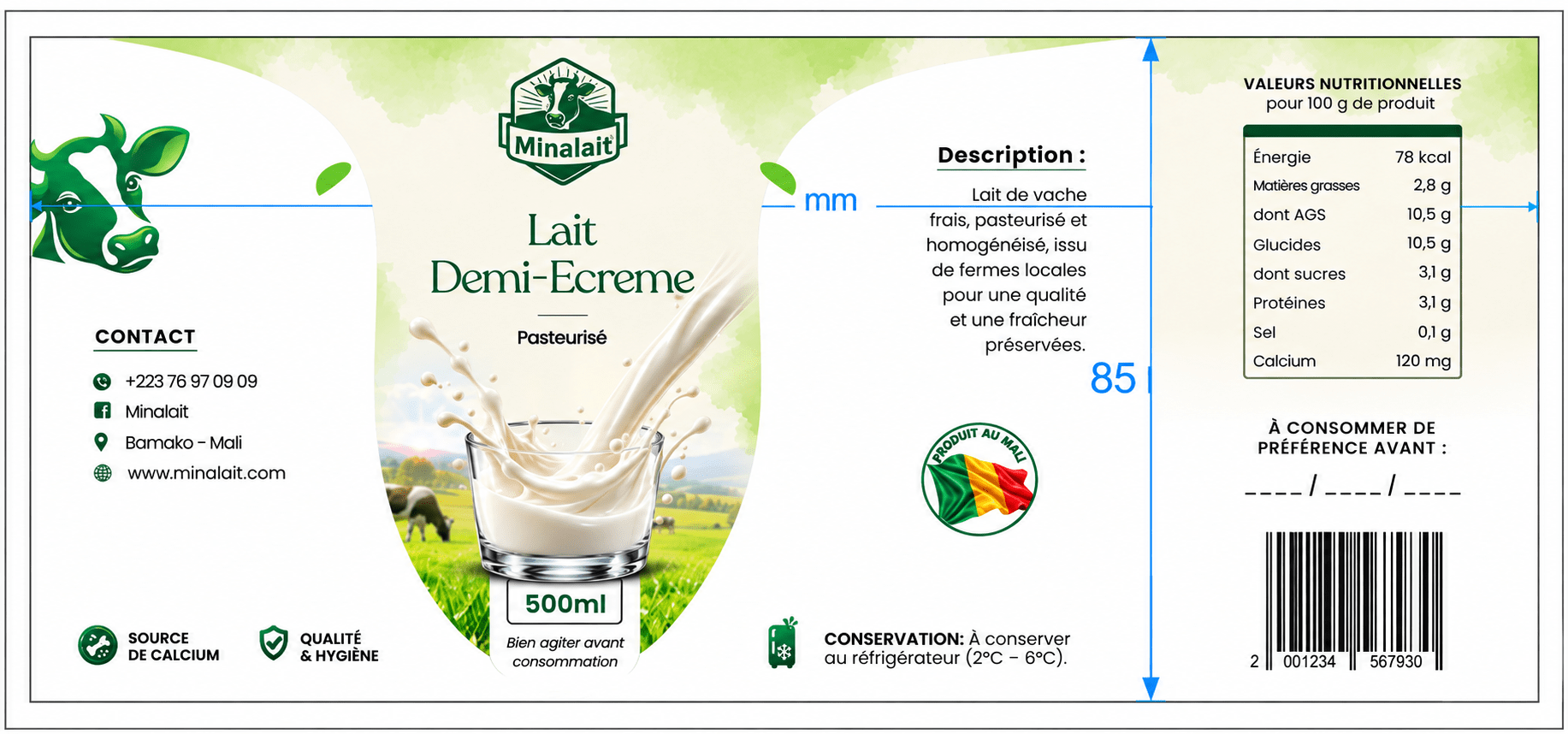 Minalait Lait Demi-Écrémé packaging artwork