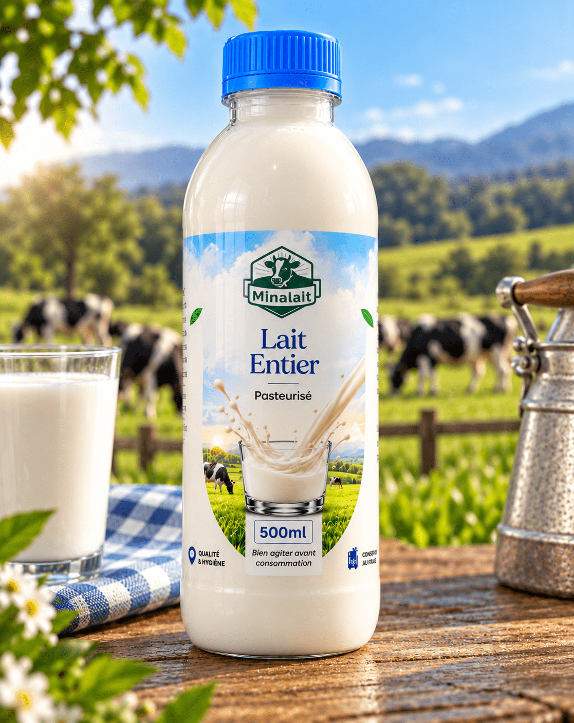 Minalait Lait Entier packaging in a natural landscape